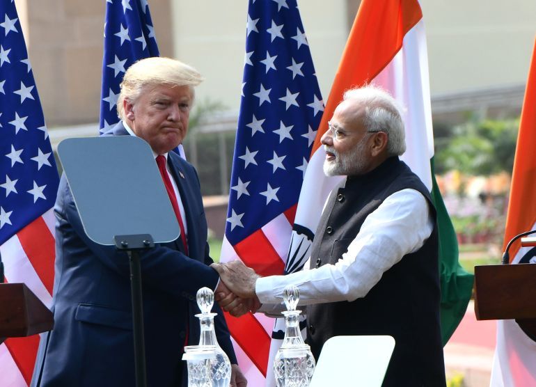 NEW DELHI, INDIA -  FEBRUARY 25 : US President Donald Trump (L) and Indian Prime Minister Narendra Modi (R) hold a joint press conference at Hyderabad House in Delhi, India on February 25, 2020. ( İmtiyaz Khan - Anadolu Agency )