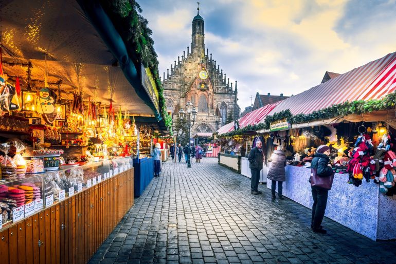 Nuremberg, Germany - November 2022. Christkindlesmarkt one of the oldest Christmas markets, famous Bavaria touristic background.