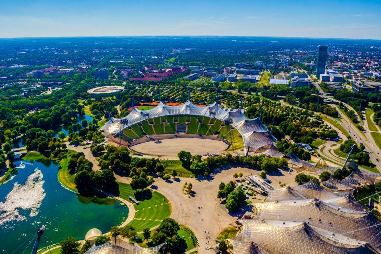 Aerial view of olympiapark in german city munich which hosted olympic games at 1972.; Shutterstock ID 428830336; purchase_order: d; job: ; client: ; other: