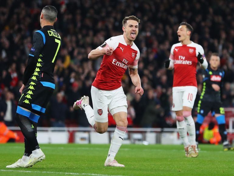 LONDON, ENGLAND - APRIL 11: Aaron Ramsey of Arsenal celebrates scoring his teams first goal of the game during the UEFA Europa League Quarter Final First Leg match between Arsenal and S.S.C. Napoli at Emirates Stadium on April 11, 2019 in London, England. (Photo by Catherine Ivill/Getty Images)