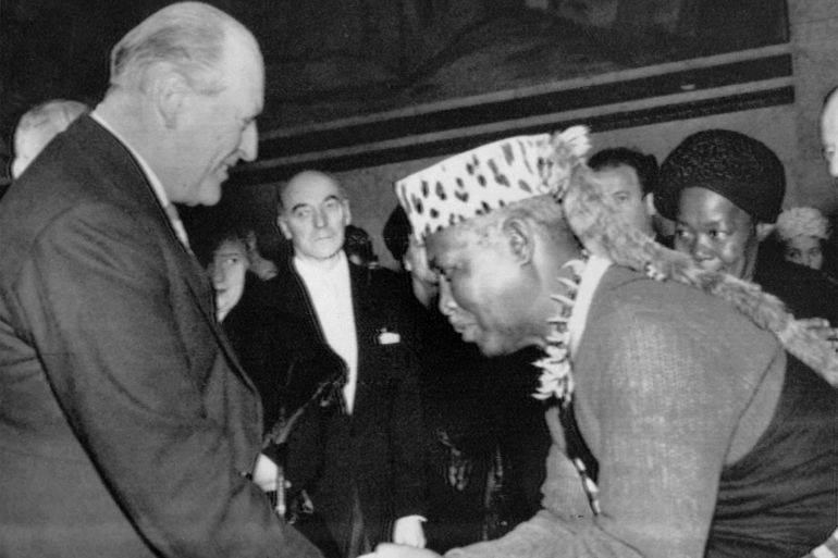 Albert Luthuli, then leader of South Africa’s African National Congress (ANC), bows before King Olav V of Norway on December 10, 1961, after receiving the 1960 Nobel Peace Prize at the University of Oslo [AFP]