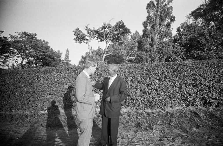 Senator Robert F Kennedy talks with Nobel Peace Prize winner Albert Luthuli during a visit to Luthuli’s home in South Africa in 1966. Kennedy later called Luthuli ‘one of the most impressive men I have met’ [Getty Images]