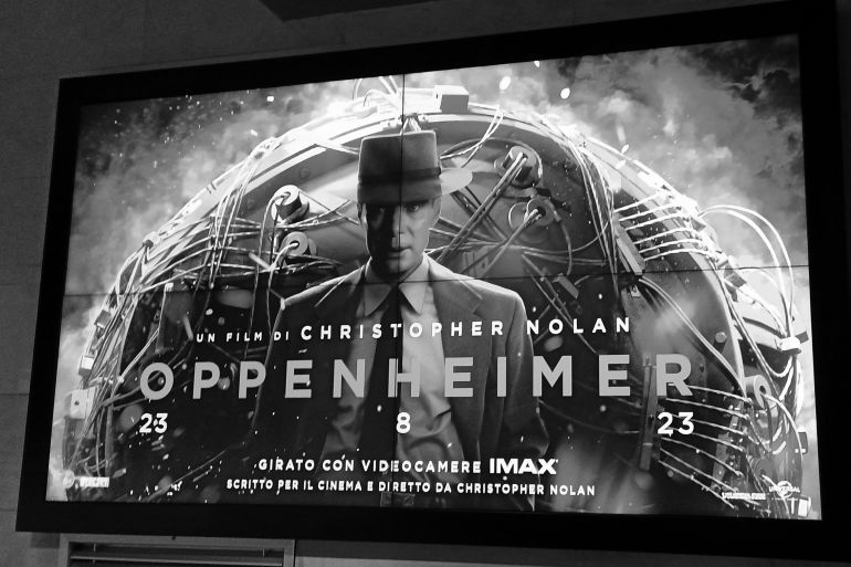 Rome, July 28, 2023: Digital luminous poster of Christopher Nolan's film, Oppenheimer. dedicated to the life of the American physicist Robert Oppenheimer, creator of the atomic bomb; Shutterstock ID 2342394935; purchase_order: AJA; job: ; client: ; other: