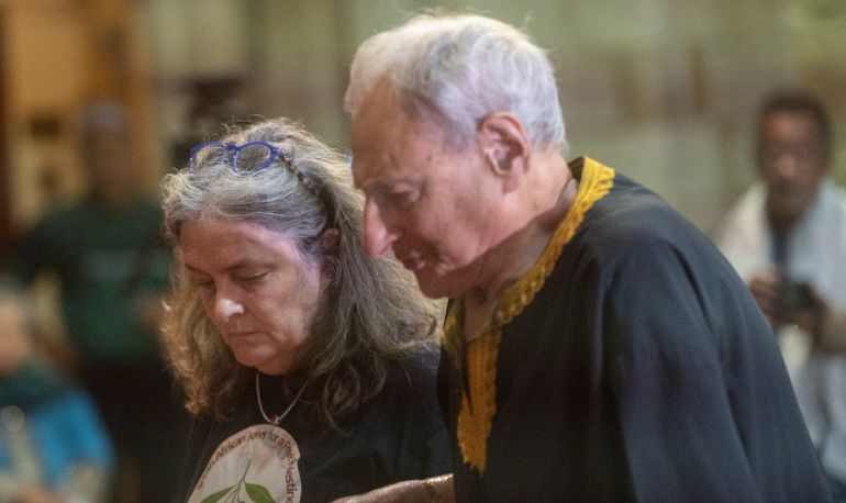 CAPE TOWN, SOUTH AFRICA - NOVEMBER 19: Jews for a free Palastine Megan Choritz and Mervyn Bennun during a interfaith service in memory of Gift of the Givers Ahmed Abassi at St. George's Cathedral on November 19, 2023 in Cape Town, South Africa. Gift of the Givers confirmed that its head in Gaza, Ahmed Abbasi, was killed while returning from a morning prayer with his brother. (Photo by Brenton Geach/Gallo Images via Getty Images)