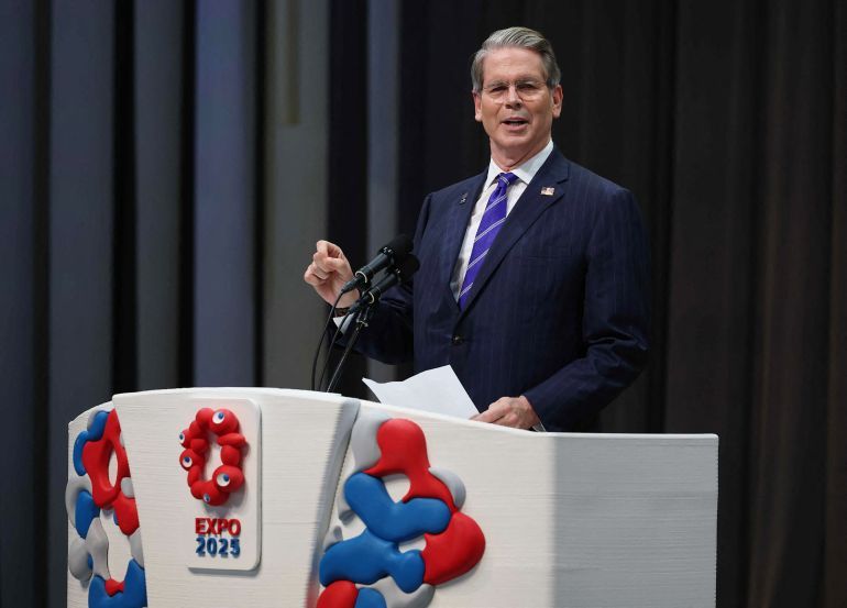 US Treasury Secretary Scott Bessent gives a speech as he attends a ceremony to mark the US national day at the Osaka Expo in the city of Osaka on July 19, 2025. (Photo by JIJI PRESS / AFP) / JAPAN OUT