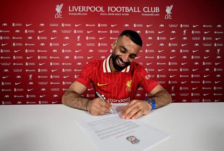 LIVERPOOL, ENGLAND - APRIL 11: (THE SUN OUT, THE SUN ON SUNDAY OUT) Mohamed Salah of Liverpool signs a new contract extension at Anfield on April 11, 2025 in Liverpool, England. (Photo by Andrew Powell/Liverpool FC via Getty Images)