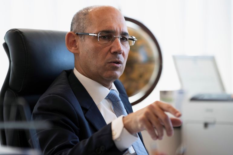 Bank of Israel Governor Amir Yaron gestures while he speaks during his interview with Reuters in Jerusalem June 16, 2020. Picture taken June 16, 2020. REUTERS/Ronen Zvulun