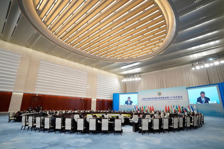 epa12341818 A general view shows Participants of the Shanghai Cooperation Organization (SCO) Summit 2025 at the Meijiang Convention and Exhibition Centre in Tianjin, China, 01 September 2025. The Shanghai Cooperation Organization (SCO) Summit 2025 is held in Tianjin on 31 August and 01 September. EPA/SUO TAKEKUMA / POOL
