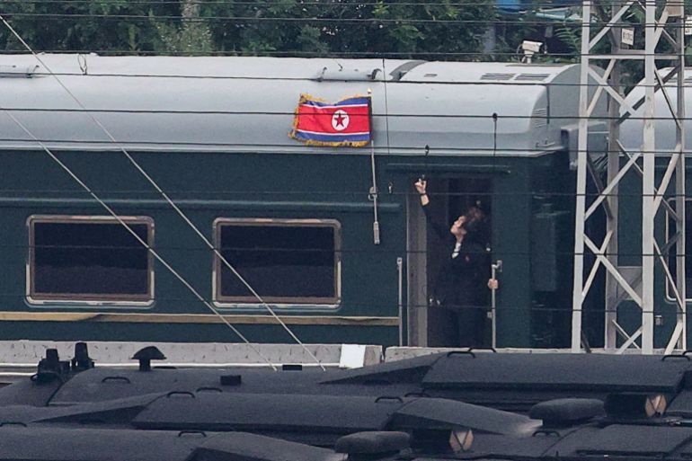 A North Korean flag flutters from a train believed to be carrying North Korean leader Kim Jong Un, as it arrives in Beijing, China, September 2, 2025. The North Korean leader is expected to attend a military parade in Beijing on Wednesday to mark the 80th anniversary of the end of World War Two. REUTERS/Go Nakamura TPX IMAGES OF THE DAY