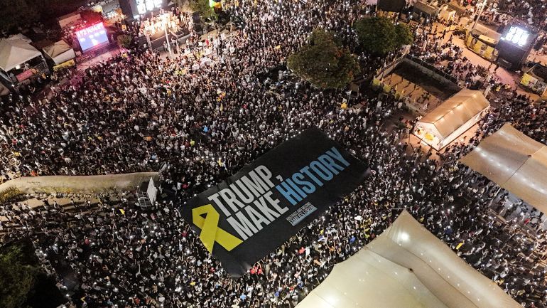 A drone photo of people protesting in Tel Aviv as they demand the return of all hostages and an end to the war in Gaza, at the