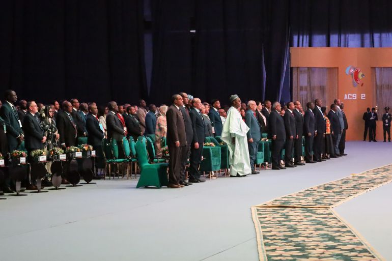 epa12362288 Participants stand up during the Second Africa Climate Summit (ACS2) in Addis Ababa, Ethiopia, 08 September 2025. The summit, which brings together African heads of state to set a global example for tackling the climate crisis, is scheduled to run until 10 September 2025. EPA/MINASSE WONDU HAILU