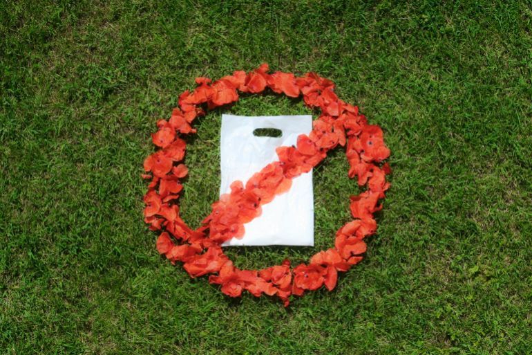 No plastic bag sign on grass with petals