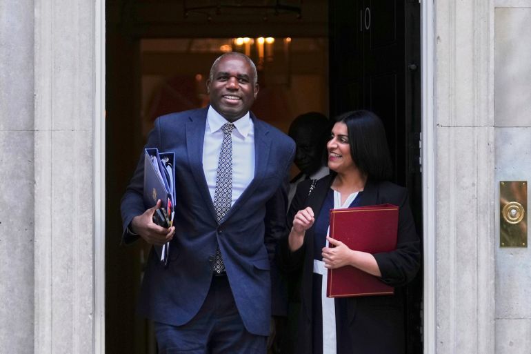 David Lammy, Deputy Prime Minister, left, and Shabana Mahmood, Home Secretary, leave after a Cabinet meeting in Downing Street, London, England, Tuesday, Sept. 9, 2025. (AP Photo/Joanna Chan)