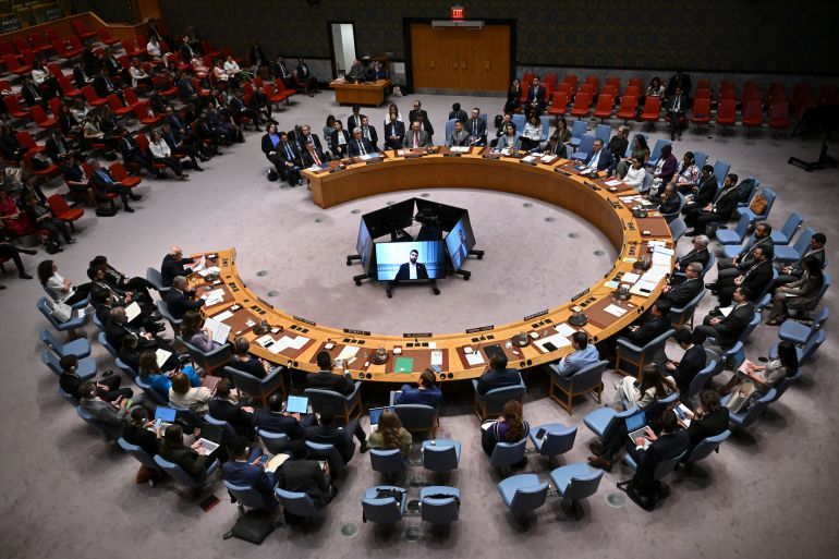 Palestinian Ambassador to the United Nations Riyad Mansour (L) speaks during a United Nations Security Council meeting on the conflict in the Middle East, including the Palestinian question, at United Nations headquarters on August 5, 2025 in New York.