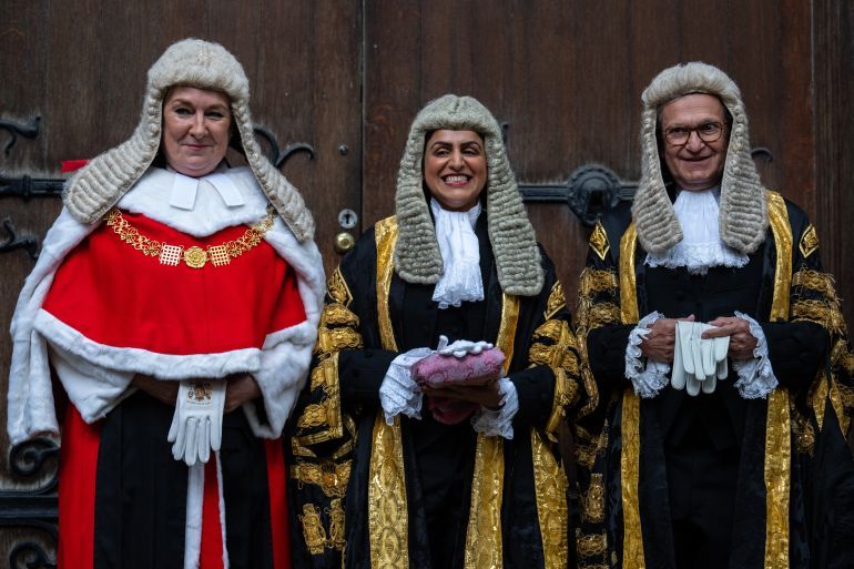LONDON, ENGLAND - JULY 15: Shabana Mahmood (C) is joined by Sue Carr, the Lady Chief Justice of England and Wales (L) and Geoffrey Vos, the Rolls and Head of Civil Justice in England and Wales, as she poses for photographs before being sworn in as Lord High Chancellor of Great Britain at the High Court on July 15, 2024 in London, England. Shabana Mahmood is the Labour MP for Ladywell, Birmingham. She is the newly-appointed Secretary of State for Justice, presiding over the Ministry of Justice. By law, the lord chancellor is the minister of the Crown responsible for administering the courts and legal aid in England and Wales. The monarch appoints the post on advice given by the Prime Minister. (Photo by Carl Court/Getty Images)