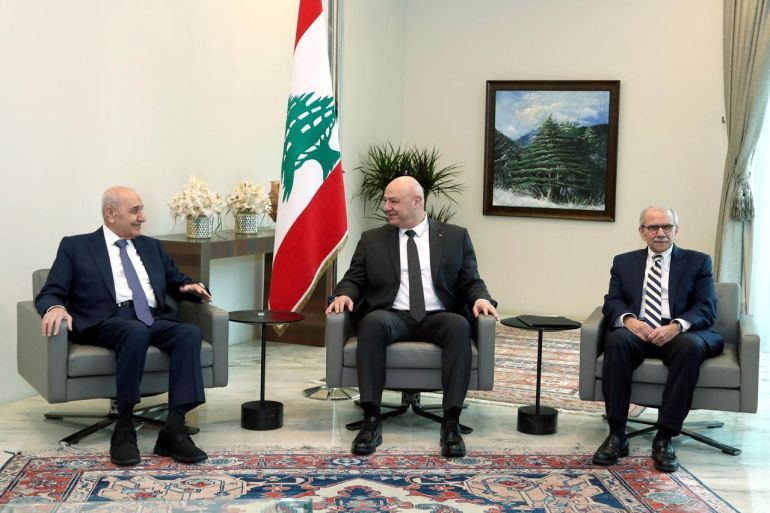 Lebanese Parliament Speaker Nabih Berri, President Joseph Aoun and Prime Minister-designate Nawaf Salam meet at the Presidential Palace in Baabda, Lebanon, in this handout released on February 6, 2025. Lebanese Presidency Press Office/Handout via REUTERS THIS IMAGE HAS BEEN SUPPLIED BY A THIRD PARTY.