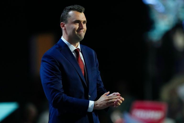 FILE- Charlie Kirk, co-founder of Turning Point USA, stands during microphone check before the start of the first day of the Republican National Convention, July 15, 2024, in Milwaukee. (AP Photo/Matt Rourke, File)