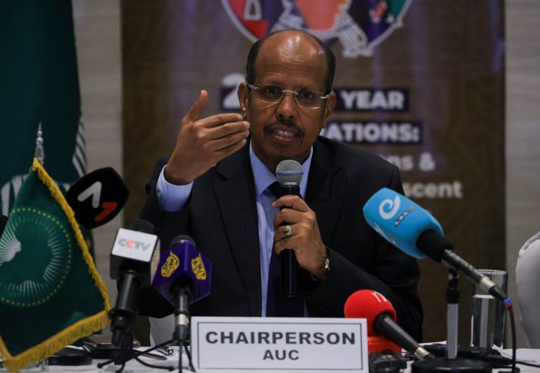 African Union Commission (AUC) Chairperson Mahmoud Ali Youssouf addresses the media on the current peace and security situation of Africa in Addis Ababa, Ethiopia, May 12, 2025. REUTERS/Tiksa Negeri