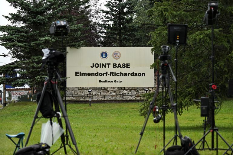 An entrance sign to Joint Base Elmendorf-Richardson in Anchorage, Alaska, on August 14, 2025, ahead of the August 15 scheduled meeting between US President Donald Trump and Russian President Vladimir Putin. Trump on Thursday acknowledged his high-stakes summit with Vladimir Putin may fail, and said any Ukraine deal would come through a future three-way meeting with Kyiv to