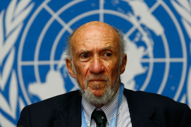 United Nations Special Rapporteur on occupied Palestine, Richard Falk addresses a news conference at the U.N. European headquarters in Geneva March 21, 2014. REUTERS/Denis Balibouse (SWITZERLAND - Tags: POLITICS)