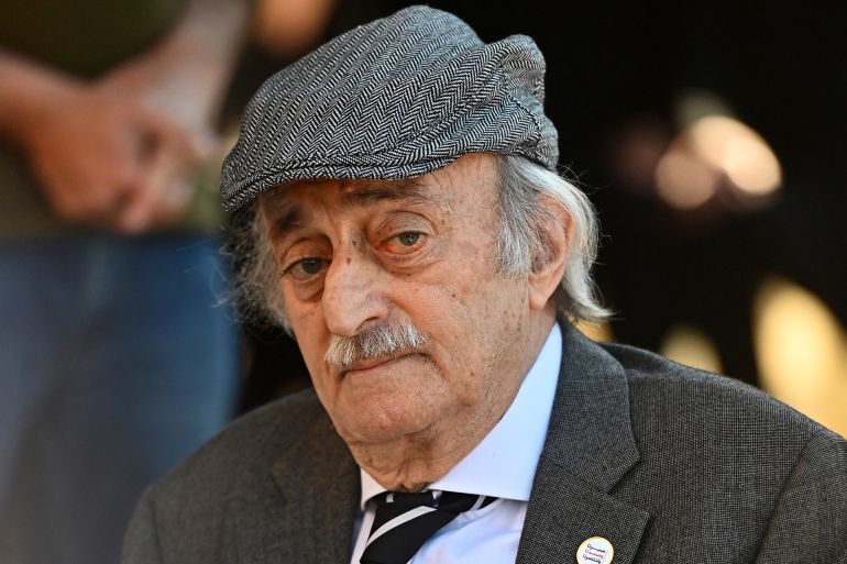 Walid Jumblatt, the former leader of Lebanon's Progressive Socialist Party (PSP), attends a ceremony marking the 48th anniversary of his father Kamal Jumblatt's assassination, at the El-Moukhtara palace in Lebanon's Shouf mountains on March 16, 2025. (Photo by Fadel ITANI / AFP)