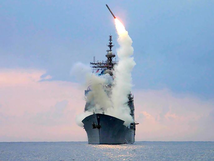 الموسوعة - epa04412737 (FILE) A file handout picture made available by the US Department of Defense (DoD) on 23 March 2003 shows a US Navy Tomahawk Land Attack Missile (TLAM) being launched from the guided missile cruiser USS Cape St. George at sea in the Mediterranean Sea. The Pentagon said late 22 September 2014, the United States and allied forces launched airstrikes against Islamic State (IS) militants in Syrian territory for the first time. The military was 'using a mix of fighter, bomber and Tomahawk Land Attack Missiles,' in the ongoing operation. The bombings were the first against Islamic State militants in Syria. The US had previously bombed Islamic State targets in Iraq, but said that it would pursue the group in Syria if necessary. The possibility of expanding airstrikes to Syria has drawn condemnation from Russia and Iran. Syrian President Bashar al-Assad has said he would see any intervention in his country as an act of aggression. EPA/US NAVY/KENNETH MOLL HANDOUT EDITORIAL USE ONLY