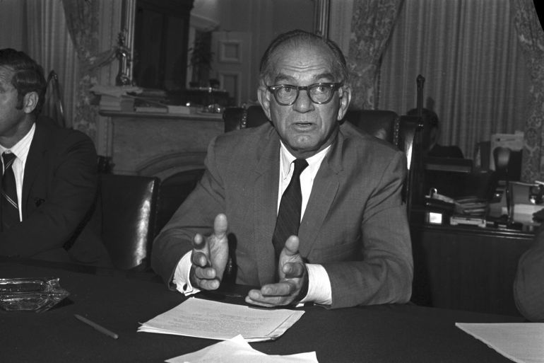 Senator J. William Fulbright (D-Ark.), chairman of the Senate Foreign Relations Committee, announces to newsmen at the Capitol that he plans to name a joint committee to examine secret Pentagon papers on the Vietnam war, June 23, 1971. (AP Photo/Henry Griffin)