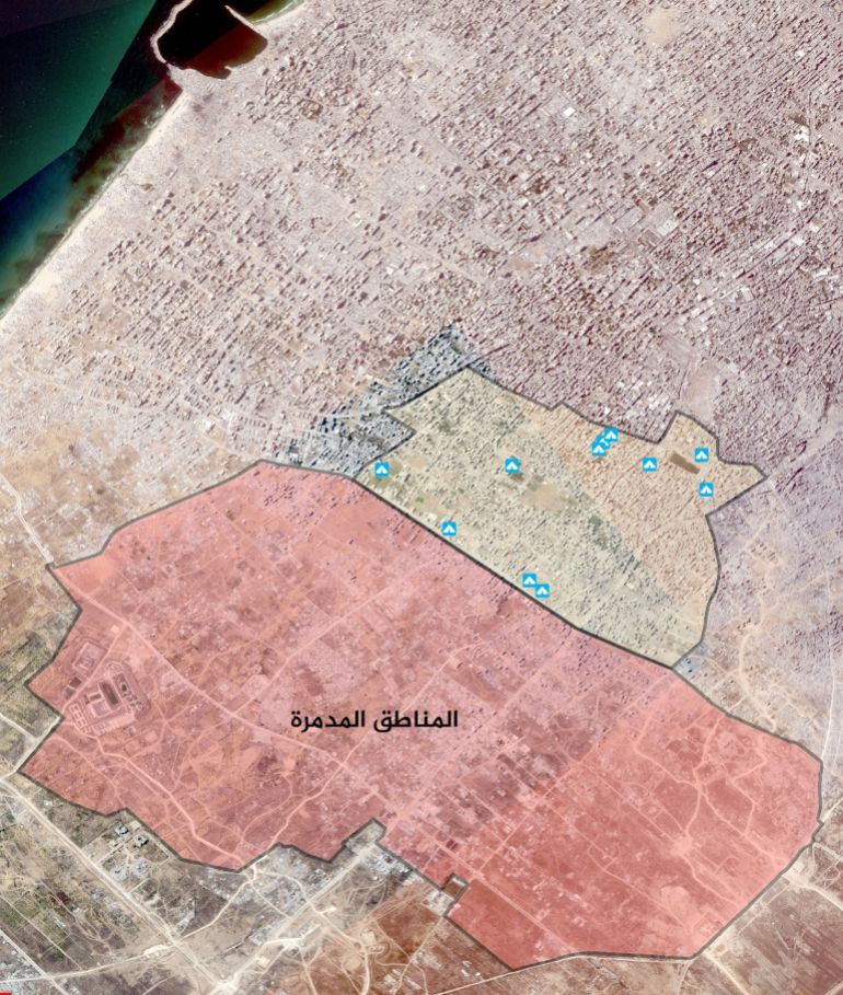 المناطق المدمرة في حي الزيتون جنوب شرق مدينة غزة. (وكالة سند)