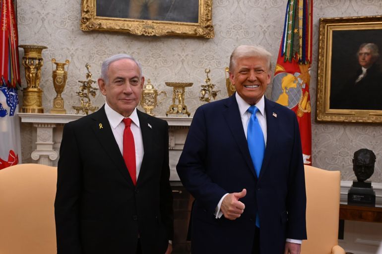 WASHINGTON, UNITED STATES - FEBRUARY 04: (----EDITORIAL USE ONLY MANDATORY CREDIT - 'AVI OHAYON / GPO / HANDOUT' - NO MARKETING NO ADVERTISING CAMPAIGNS - DISTRIBUTED AS A SERVICE TO CLIENTS----) United States President Donald Trump (R) hosts Israeli Prime Minister Benjamin Netanyahu (L) in the White House in Washington DC., United States on February 04, 2025. (Photo by Avi Ohayon (GPO) /Handout/Anadolu via Getty Images)