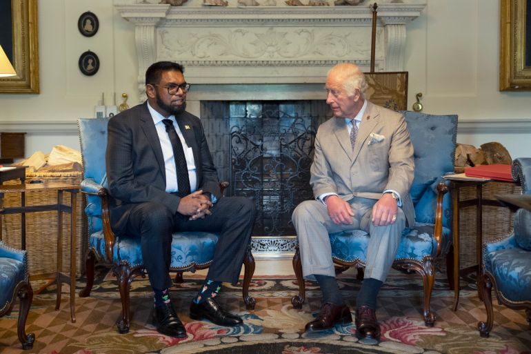 CUMNOCK, SCOTLAND - SEPTEMBER 20: King Charles III meets with President of Guyana Mohamed Irfaan Ali at Dumfries House on September 20, 2024 in Cumnock, Scotland. (Photo by Jane Barlow - Pool / Getty Images)