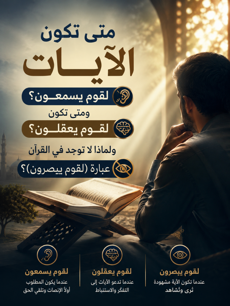 متى تكون الآيات  لقوم يسمعون ؟  ومتى تكون لقوم يعقلون؟  ولماذا لا توجد في كل القرآن عبارة ( لقوم يبصرون )؟