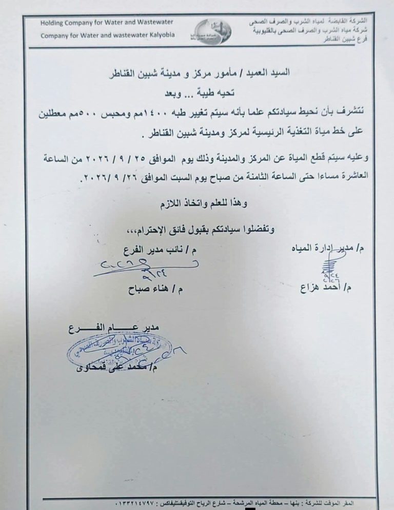 انقطاع المياه عن مركز ومدينة شبين القناطر 10 ساعات.. «مياه القليوبية» تعلن موعد أعمال الصيانة